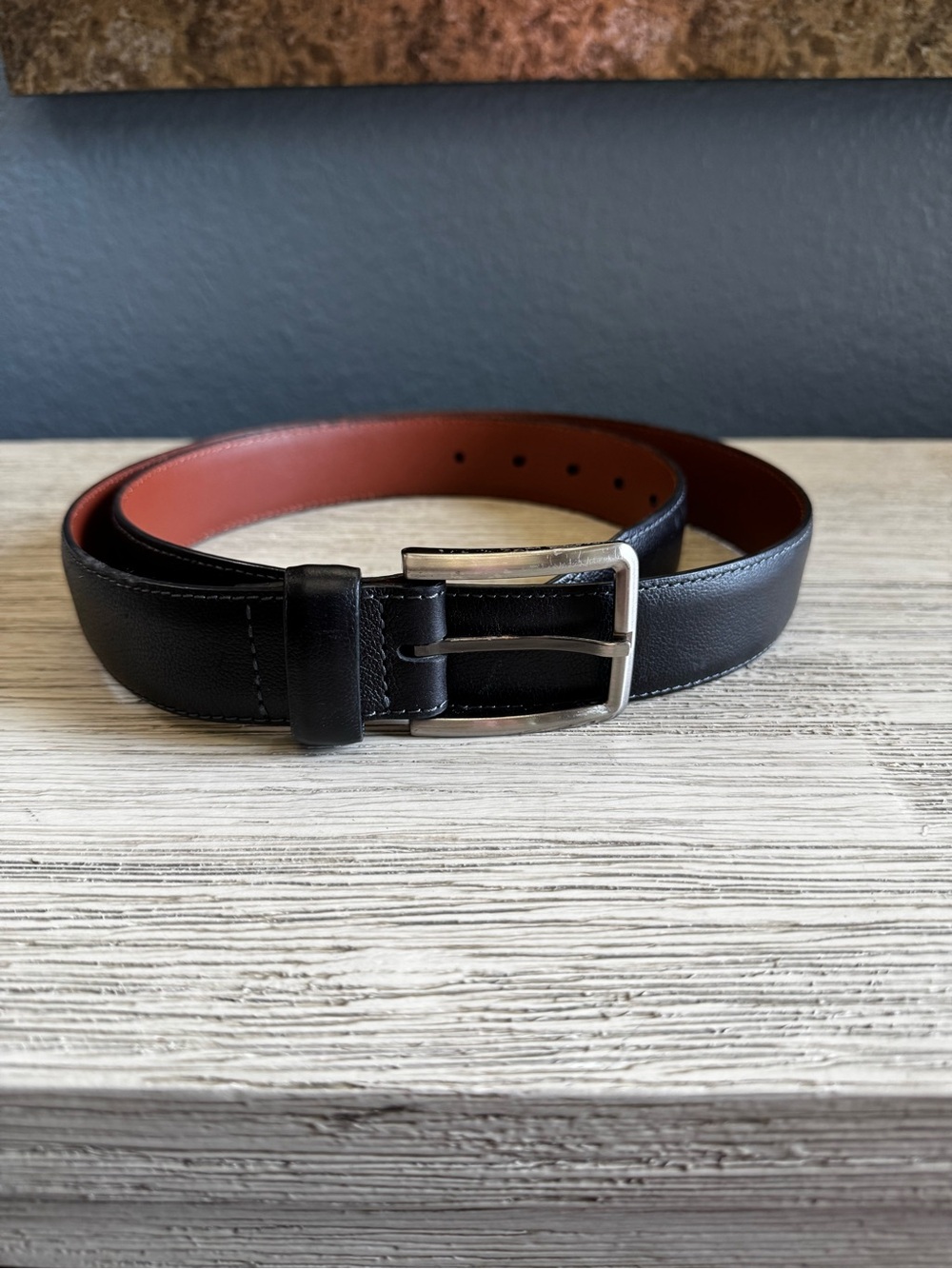 Johnston & Murphy Black and Brown Leather Belt with Silver Buckle